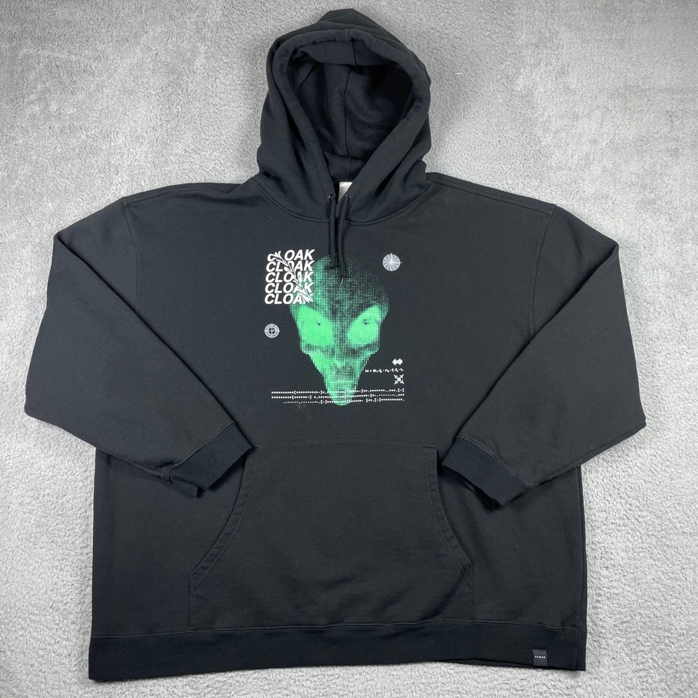 Cloak Hoodie Mens 4XL Black Green Alien Head Streetwear Fleece Sweatshirt